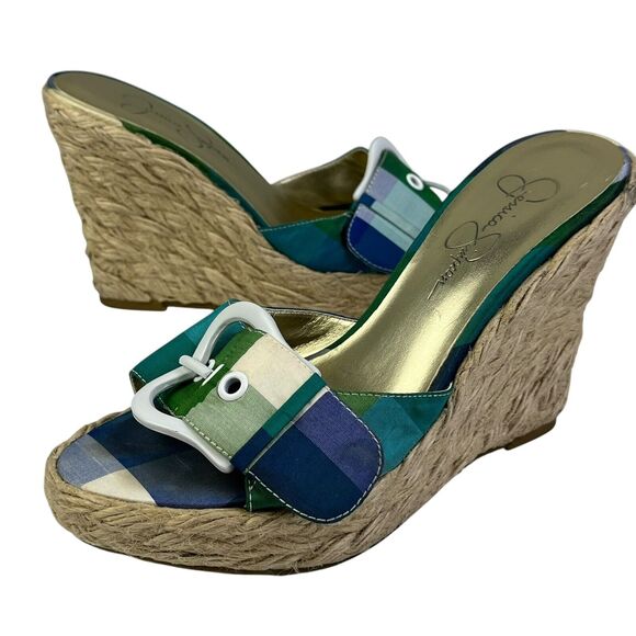 JESSICA SIMPSON Wedge Heels Pink Blue Green Plaid Buckle Open Toe GALVIN Sz 6 B - Picture 1 of 12